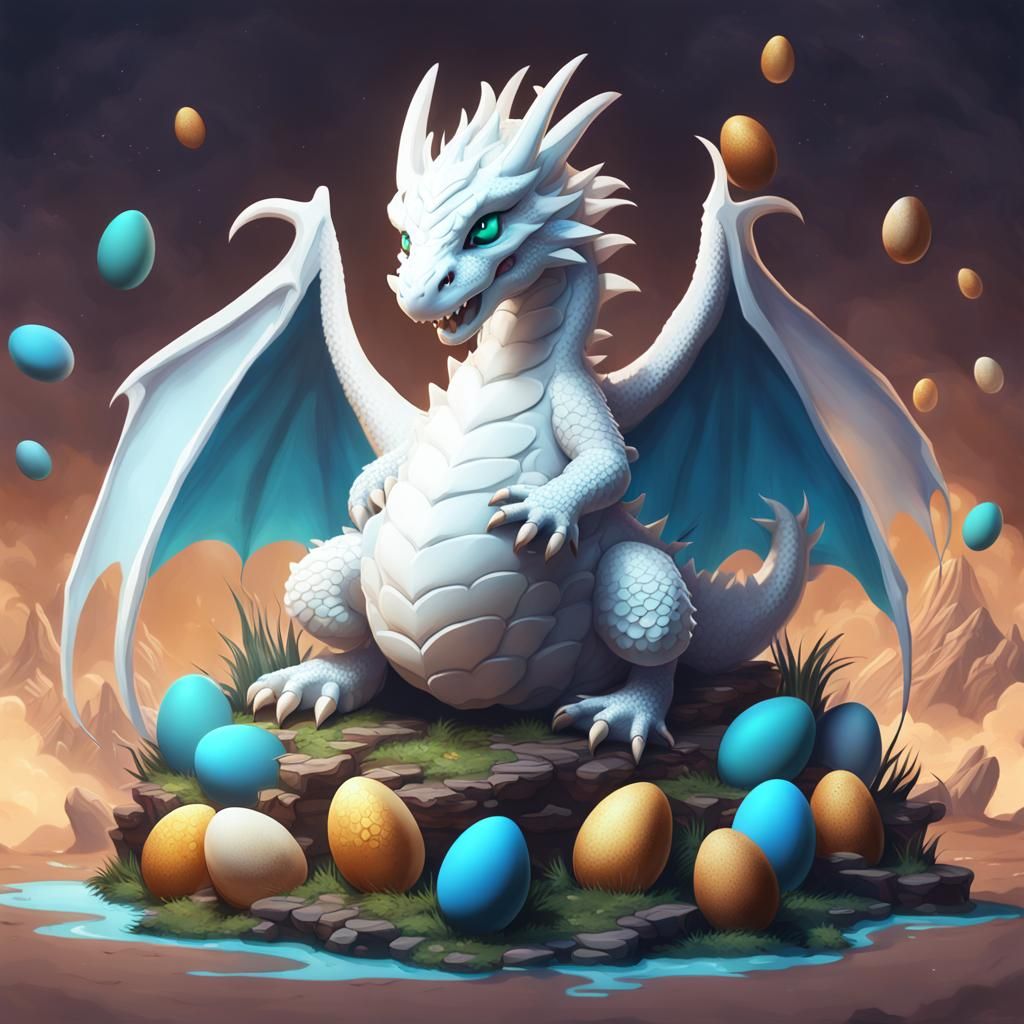 Cute White Dragon Hugging Eggs: Fantasy Art