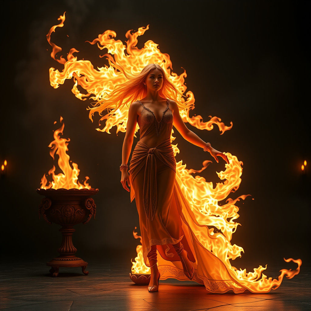 Fiery Female Figure Emerges from Shadows