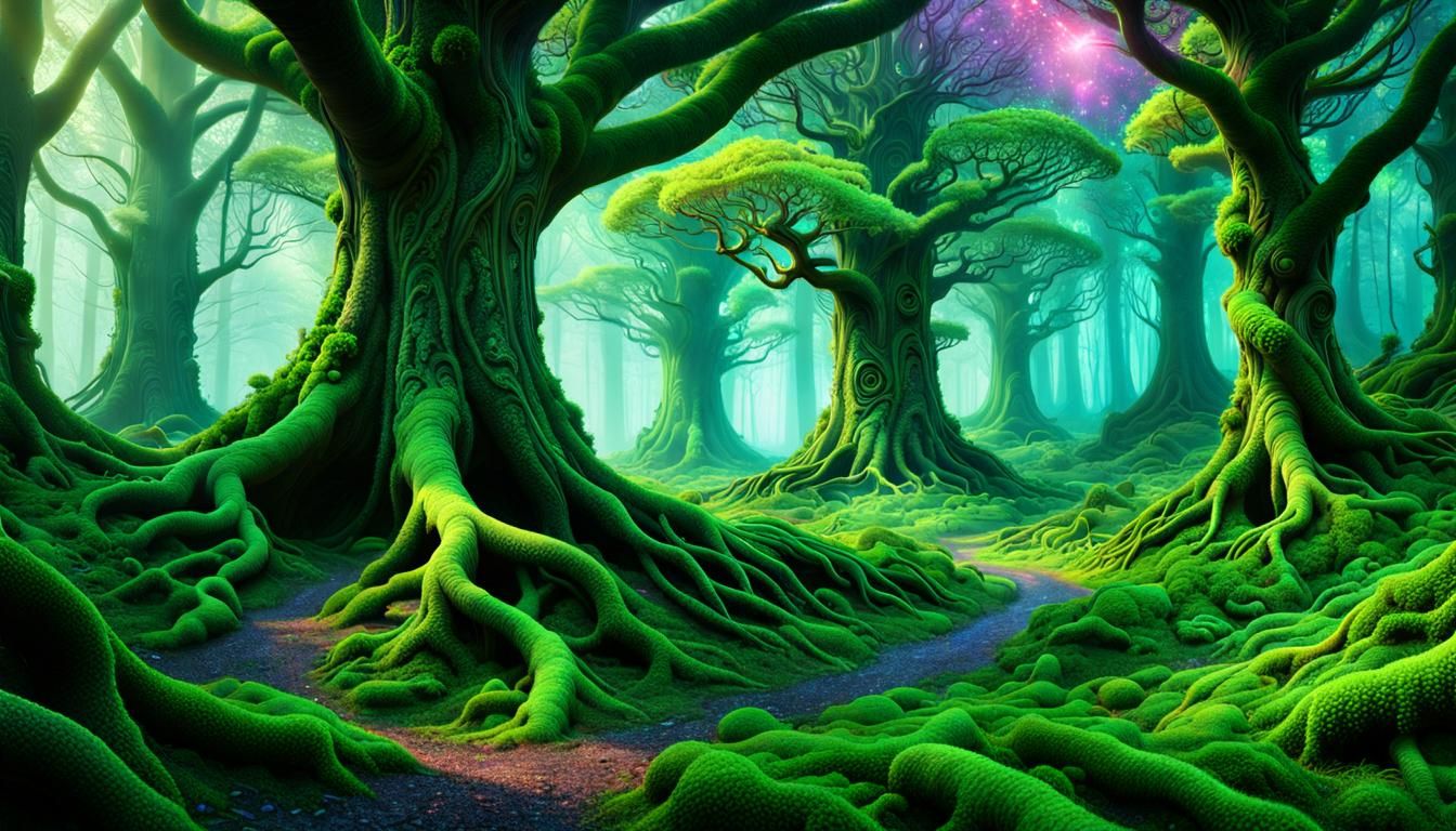 Mossy Forest with Ghostly Foxes in a Maximalist Style