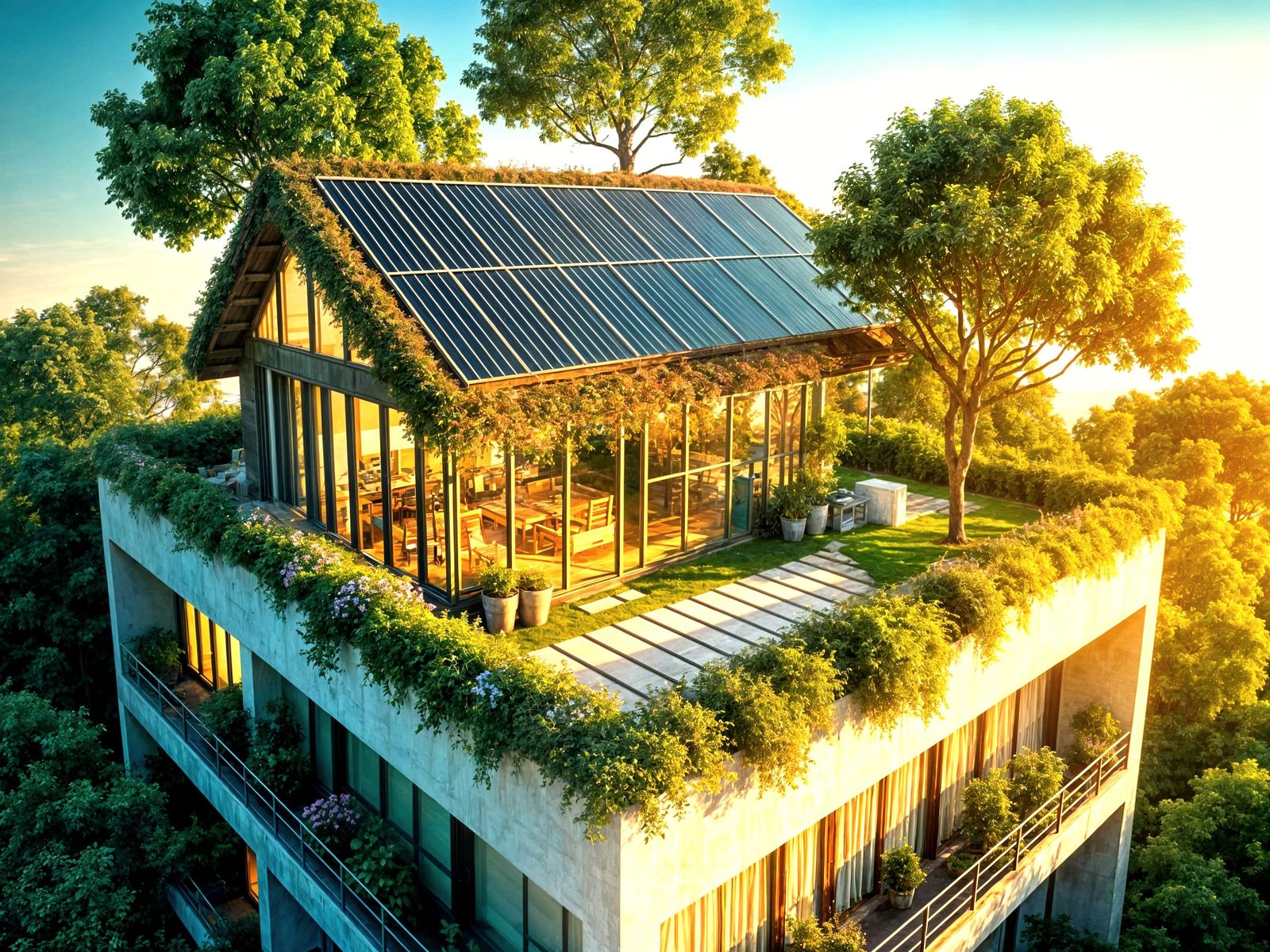 Solarpunk rooftop garden house