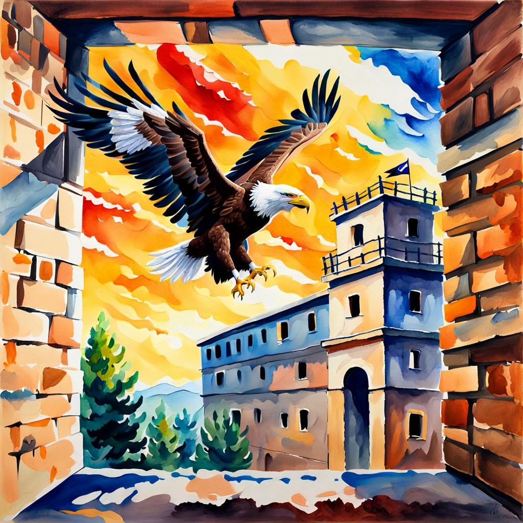 An eagle flying past a kite over a prison cell window