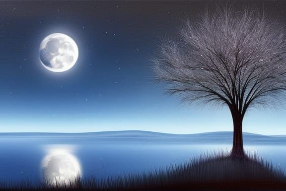 Moonlit Plain: Single Tree and Reflecting River