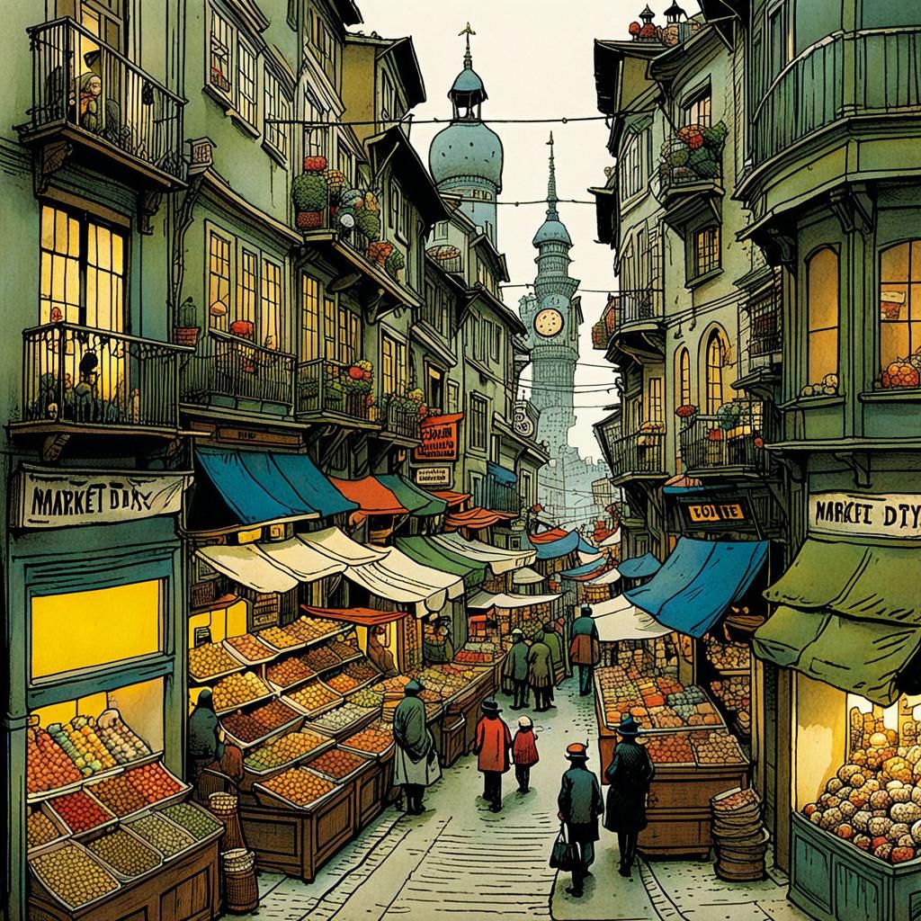 Lively Market Day in Pen and Ink Style