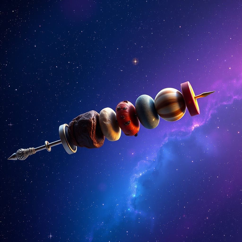 Surreal Cosmic Kebab in Vibrant Nebula Scene