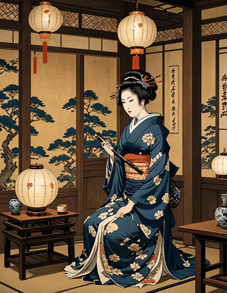 Ukiyo-e, geisha in interior