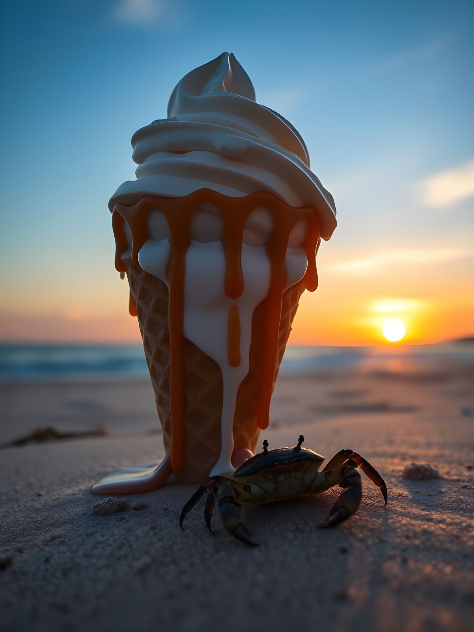 Sunset Beach Scene with Melting Ice Cream and Fiddler Crab
