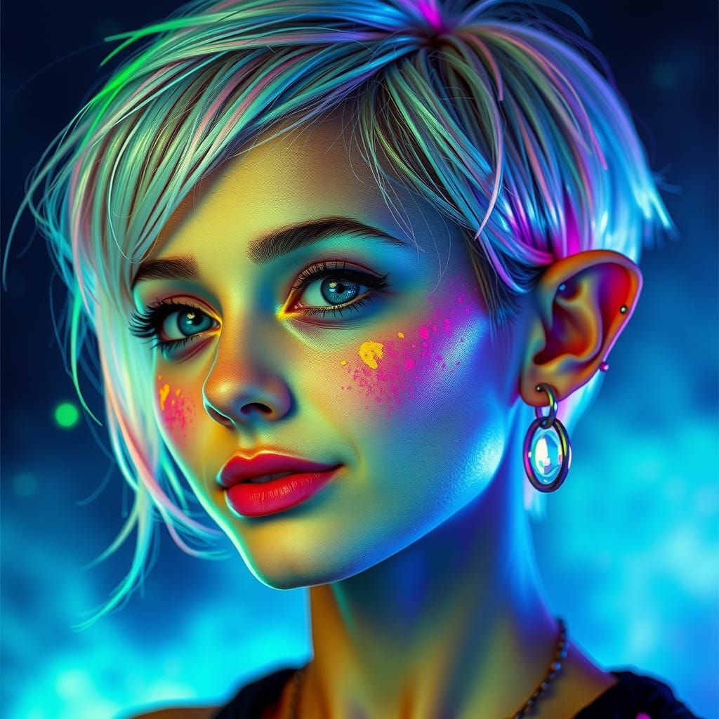 Neon Beauty: Woman with Turquoise Eyes in Cyberpunk Style