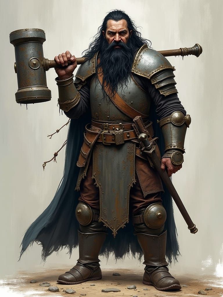 Angry Dwarf Warrior With Warhammer in Worn Armor