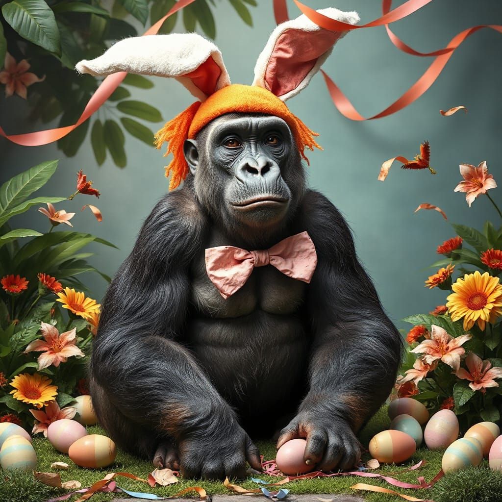 Gorilla in Whimsical Easter Bunny Costume Amidst Tropical Bl...