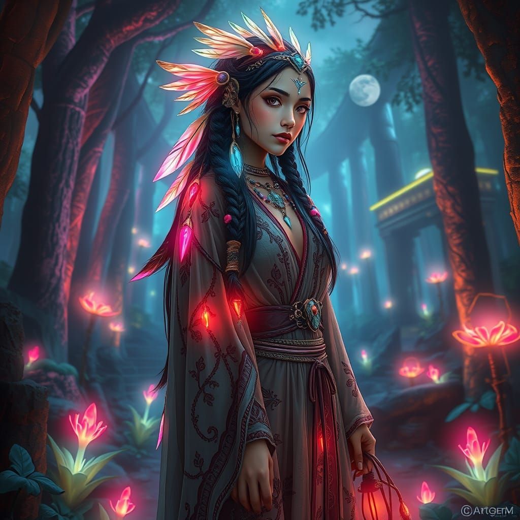 Techno Shaman in Neon Forest: Digital Art