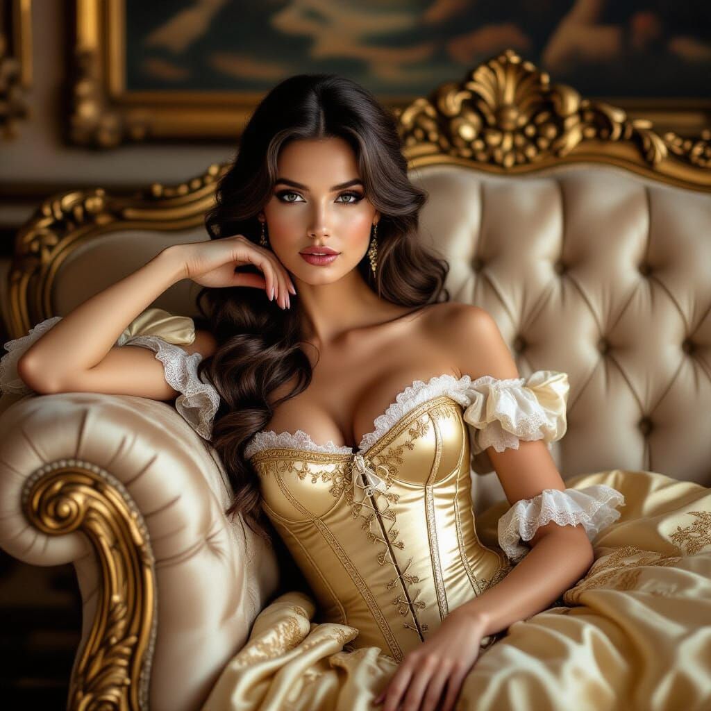 Elegant Woman on Gold Couch: Baroque Fantasy