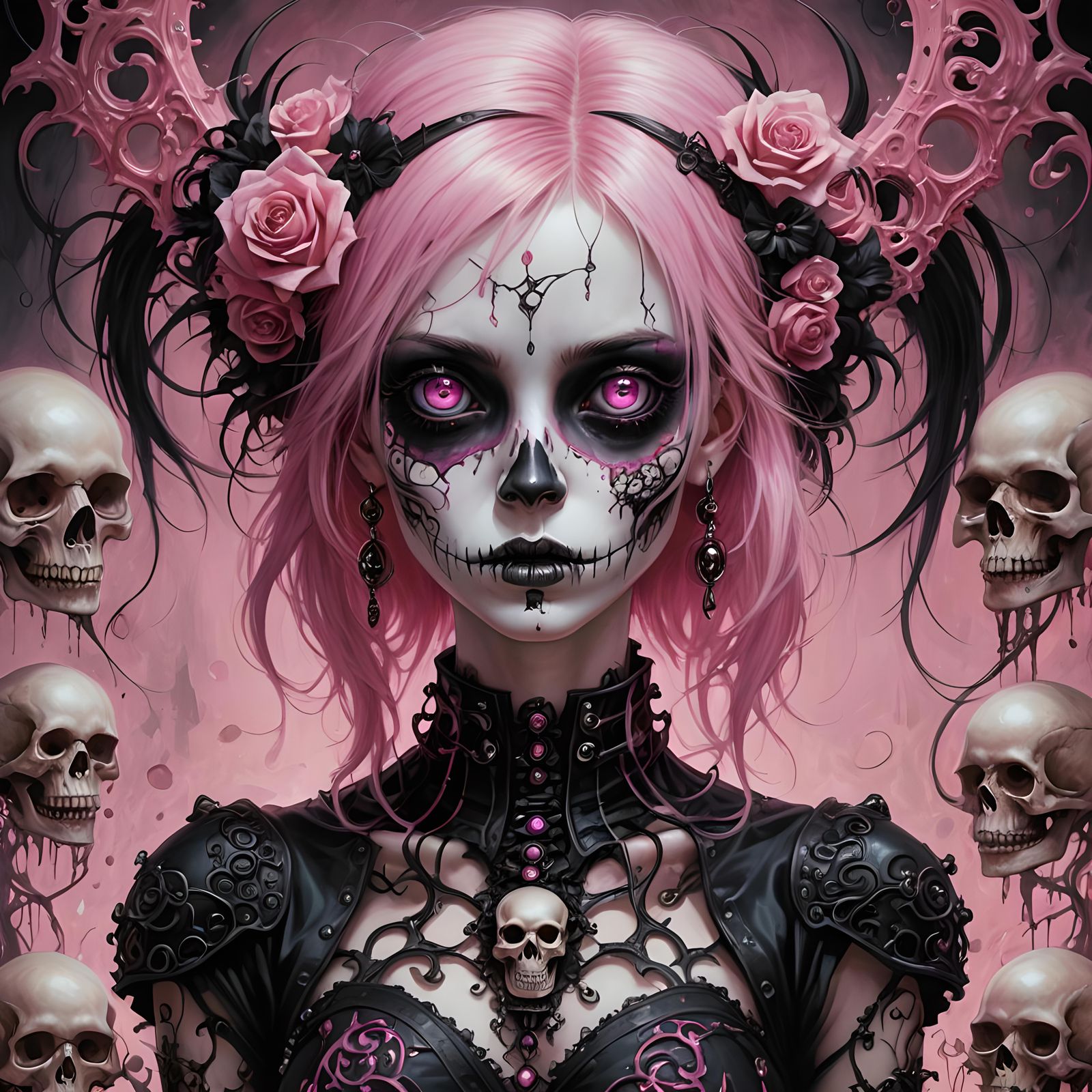 Cute Goth Punk Girl with Bioluminescent Skull