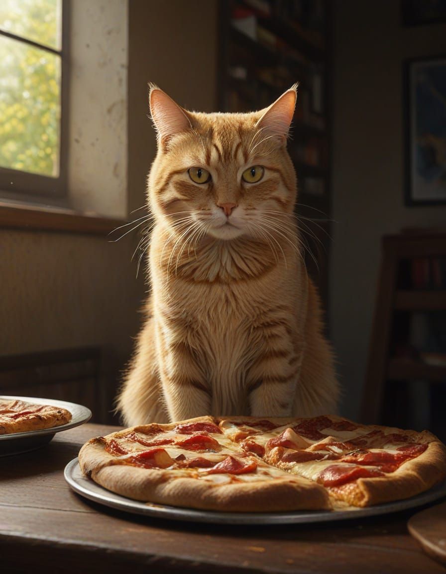 Tabby Cat Protects Pizza Slice in Dramatic Lighting
