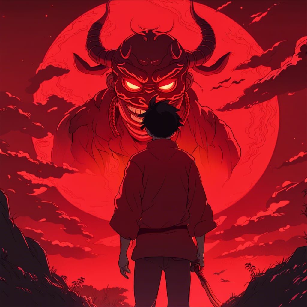Oni Mask Figure in Red: Ghibli-Style Anime Visual