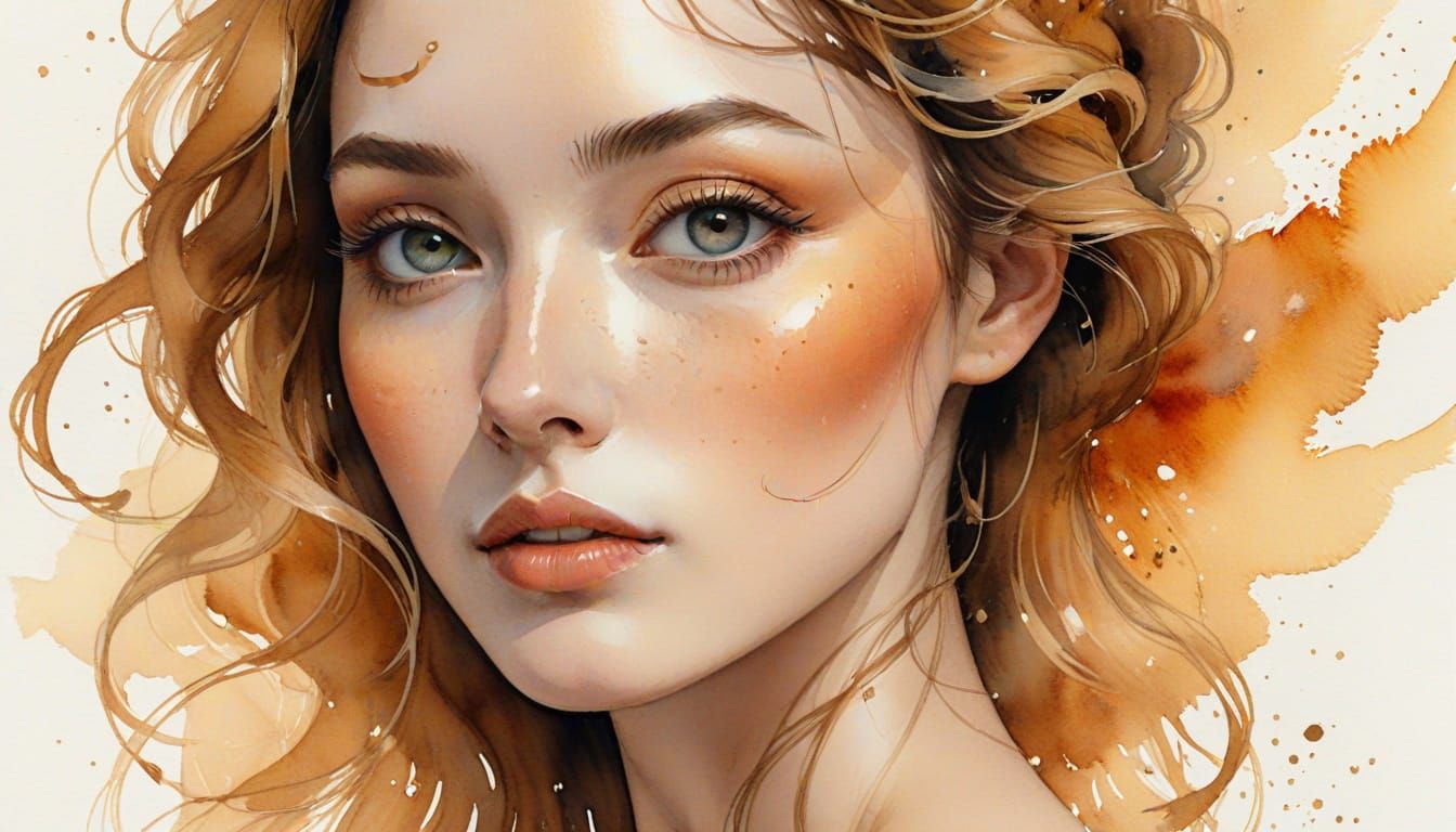 Elegant Female Portrait in Watercolor and Ink