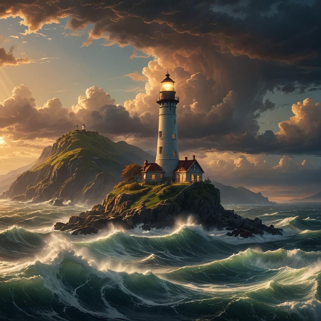 Majestic Lighthouse Shines in Stormy Night