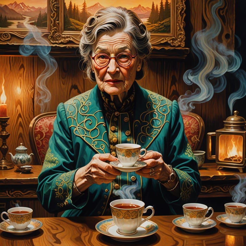 Log Lady Holds Tea: Surreal Oil Painting