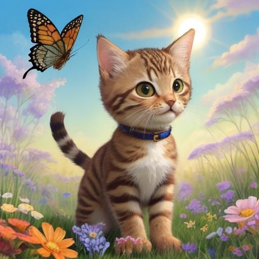 Cute Tabby Kitten Chasing Butterfly in Sunny Field