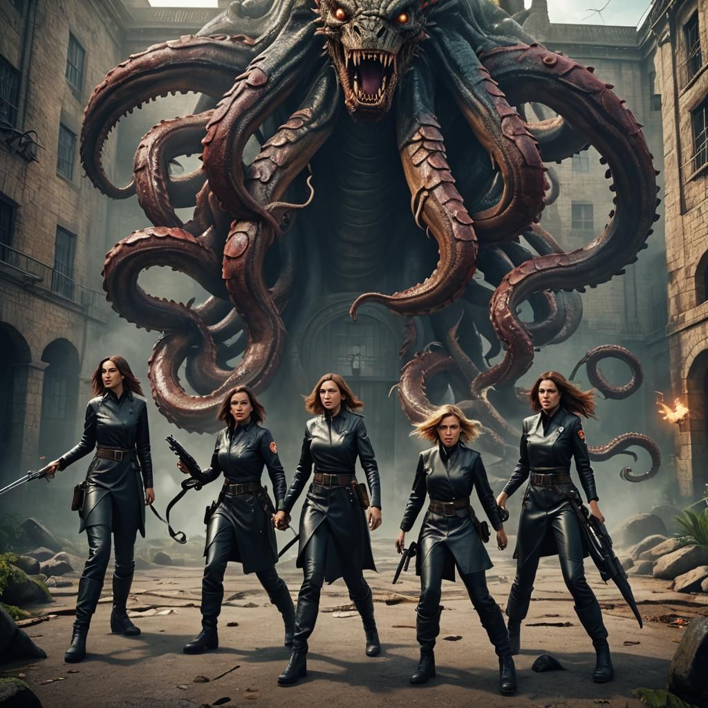 Women Combat Kraken on Island in Detailed Digital Painting