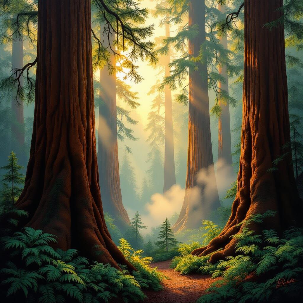 Misty Redwoods in Golden Light: Landscape Painting