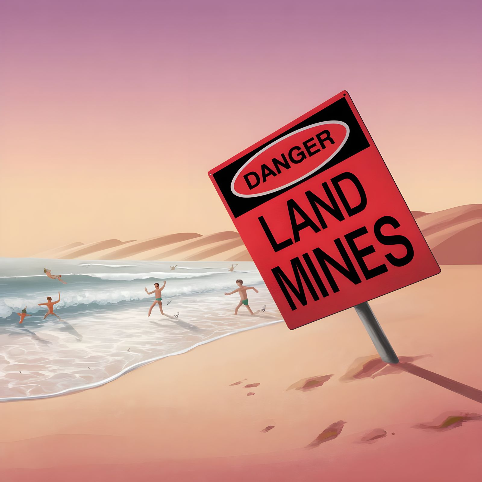 Serene Beach Scene with Red Warning Sign in Golden Light
