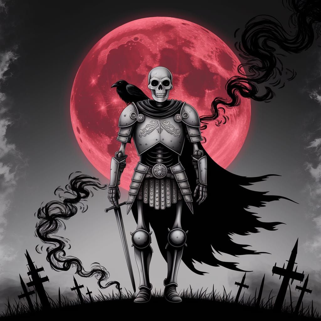 Gothic Skeletal Knight with Raven in Dark Fantasy Art