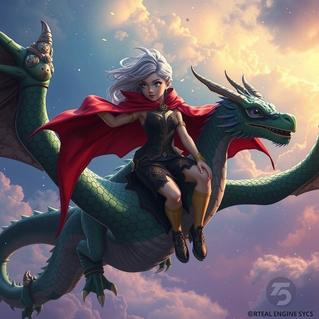 Regal Girl on a Majestic Dragon in a Fantastical Realm