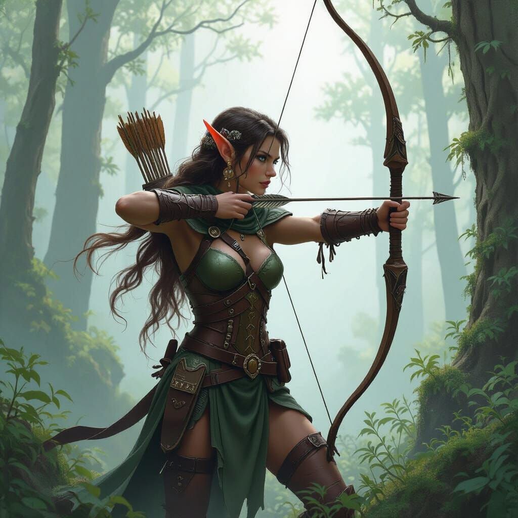 Elf Archer in Misty Forest, Fantasy Realism