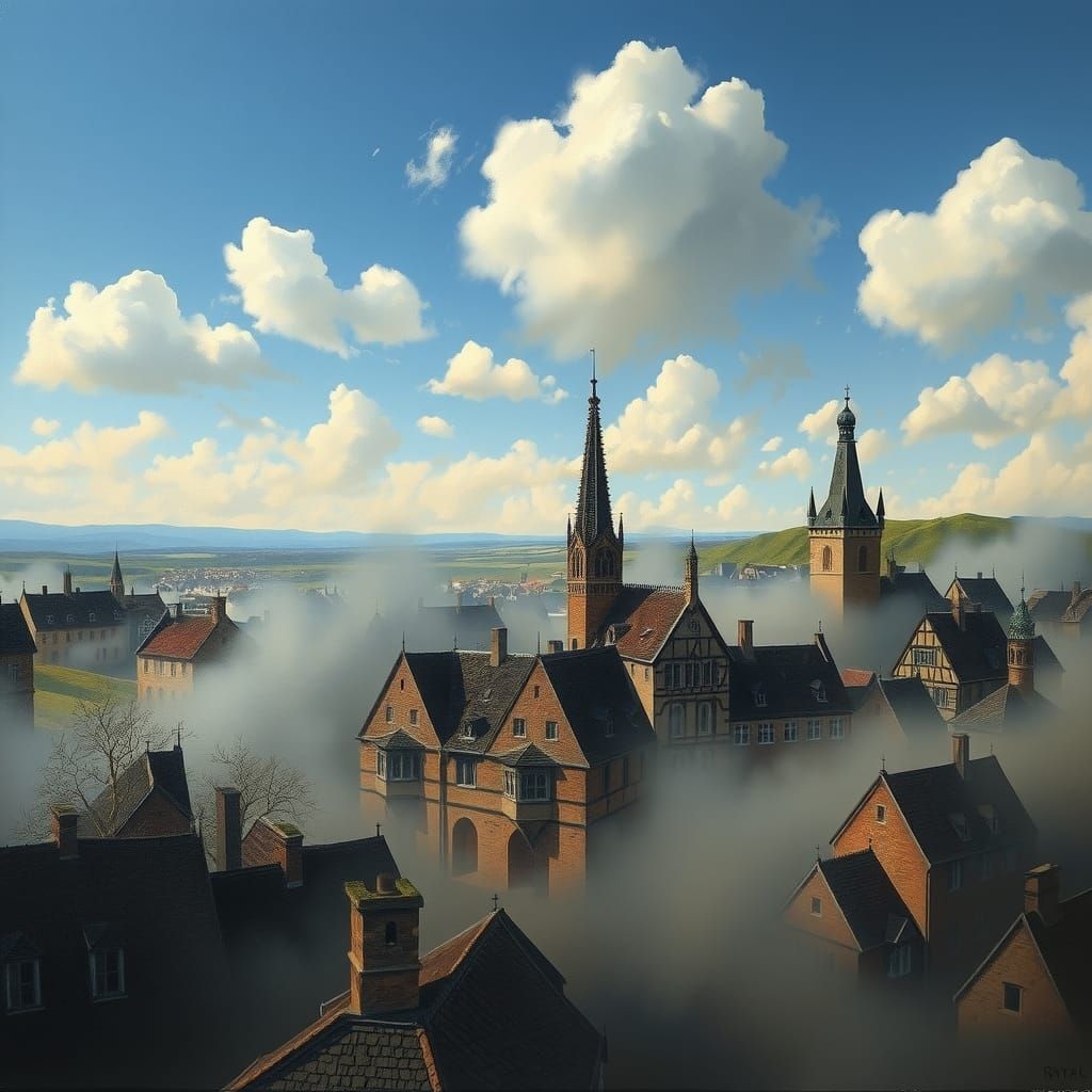 Ash-Covered Medieval Cityscape in Oil Painting Style