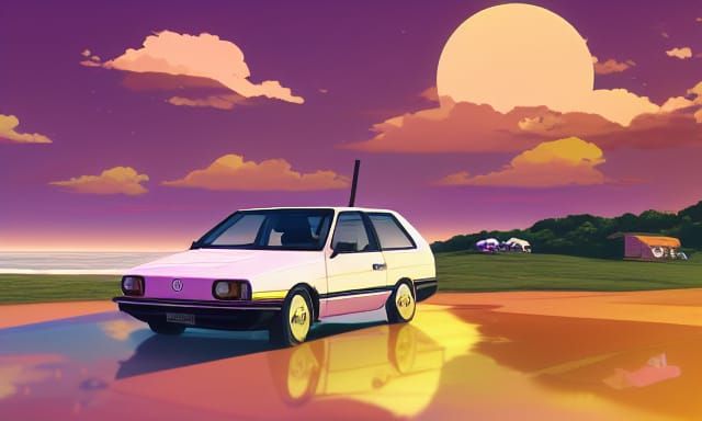 Volkswagen Golf at Sunset: Ghibli Anime Style