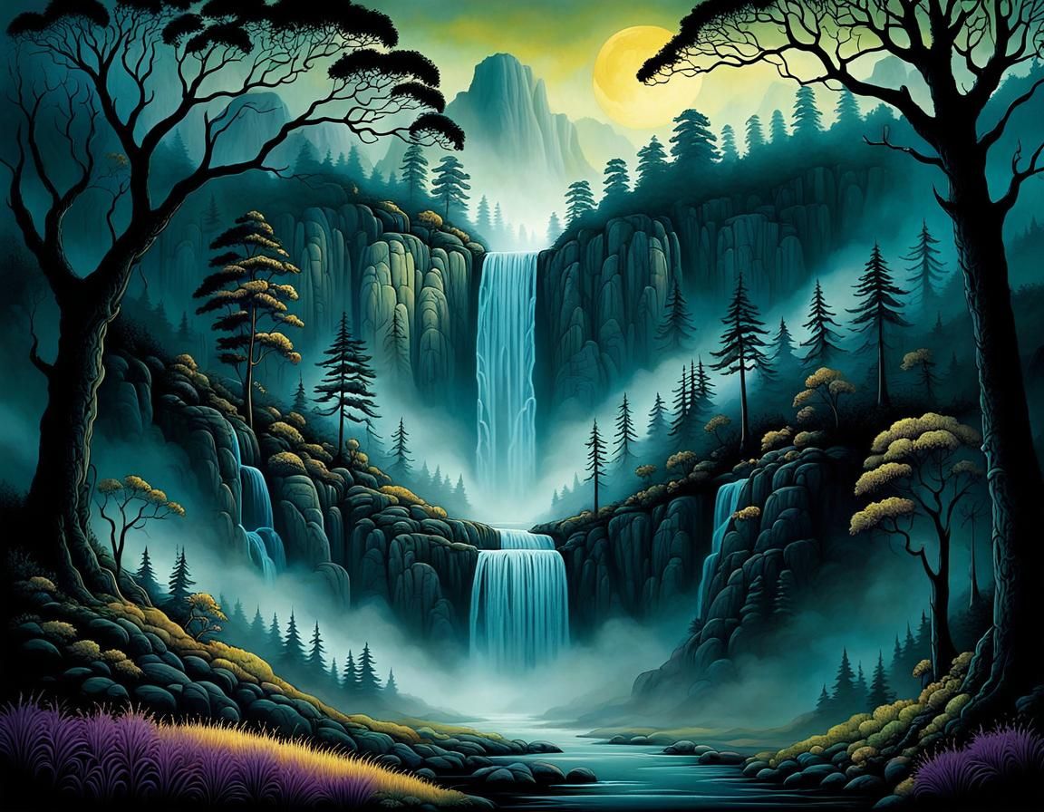 Misty Valley Waterfall in Violet Evening Light