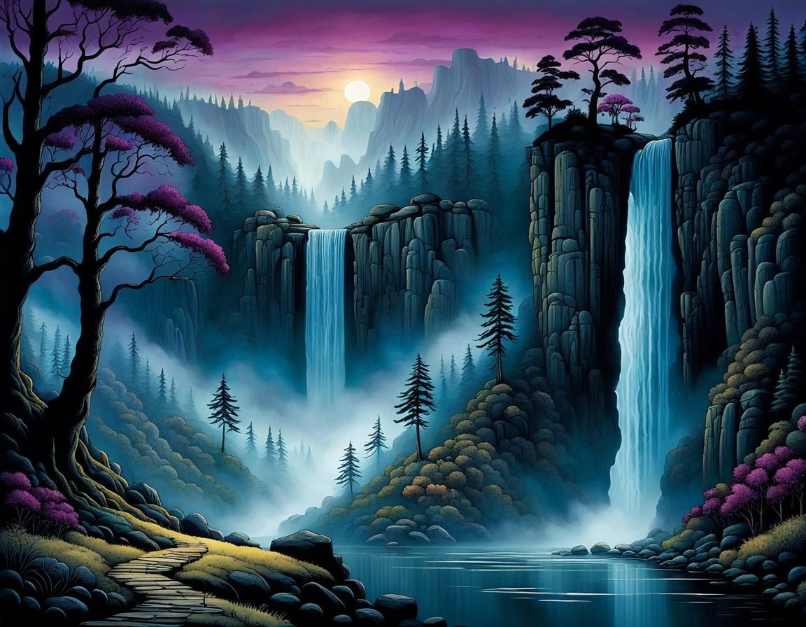 Misty Valley Waterfall at Evening