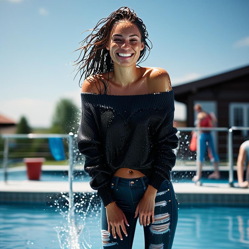 Brunette Woman About to Jump into Pool, 3D Render