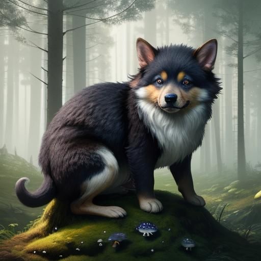 Cute Puppy in Forest: Fantasy Digital Matte Painting