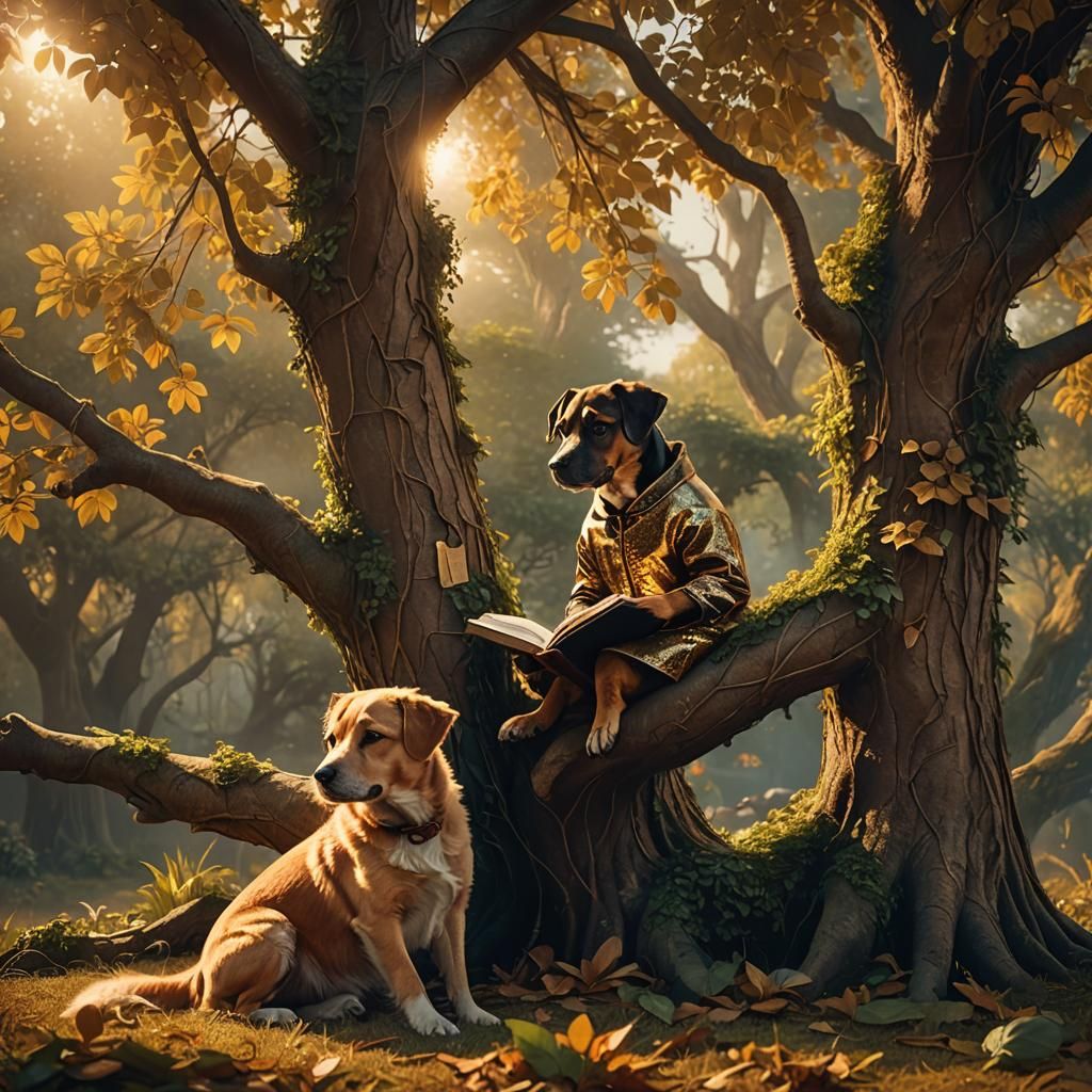 Dog Reading Book in Tree: Cinematic Digital Art