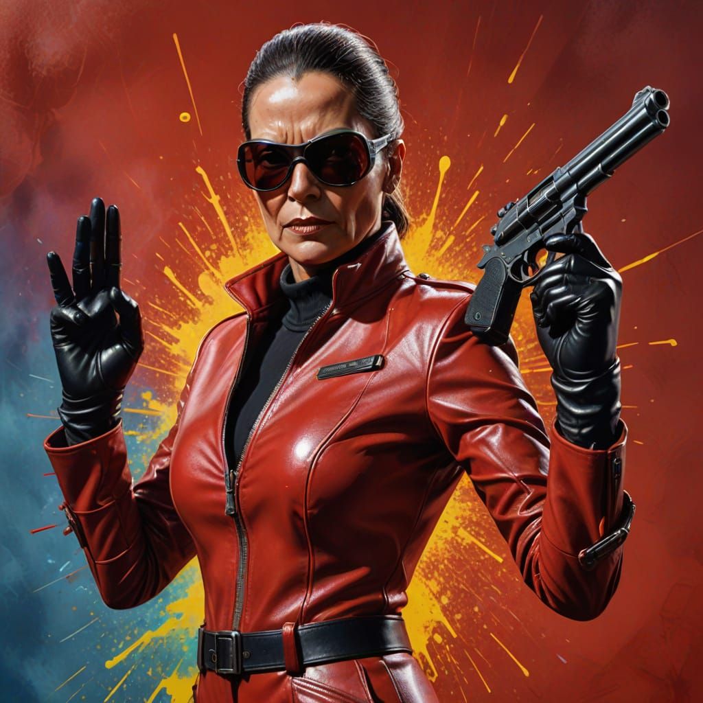 Leather-Clad Dominatrix Fires Gun: Hyperrealistic Splash Art
