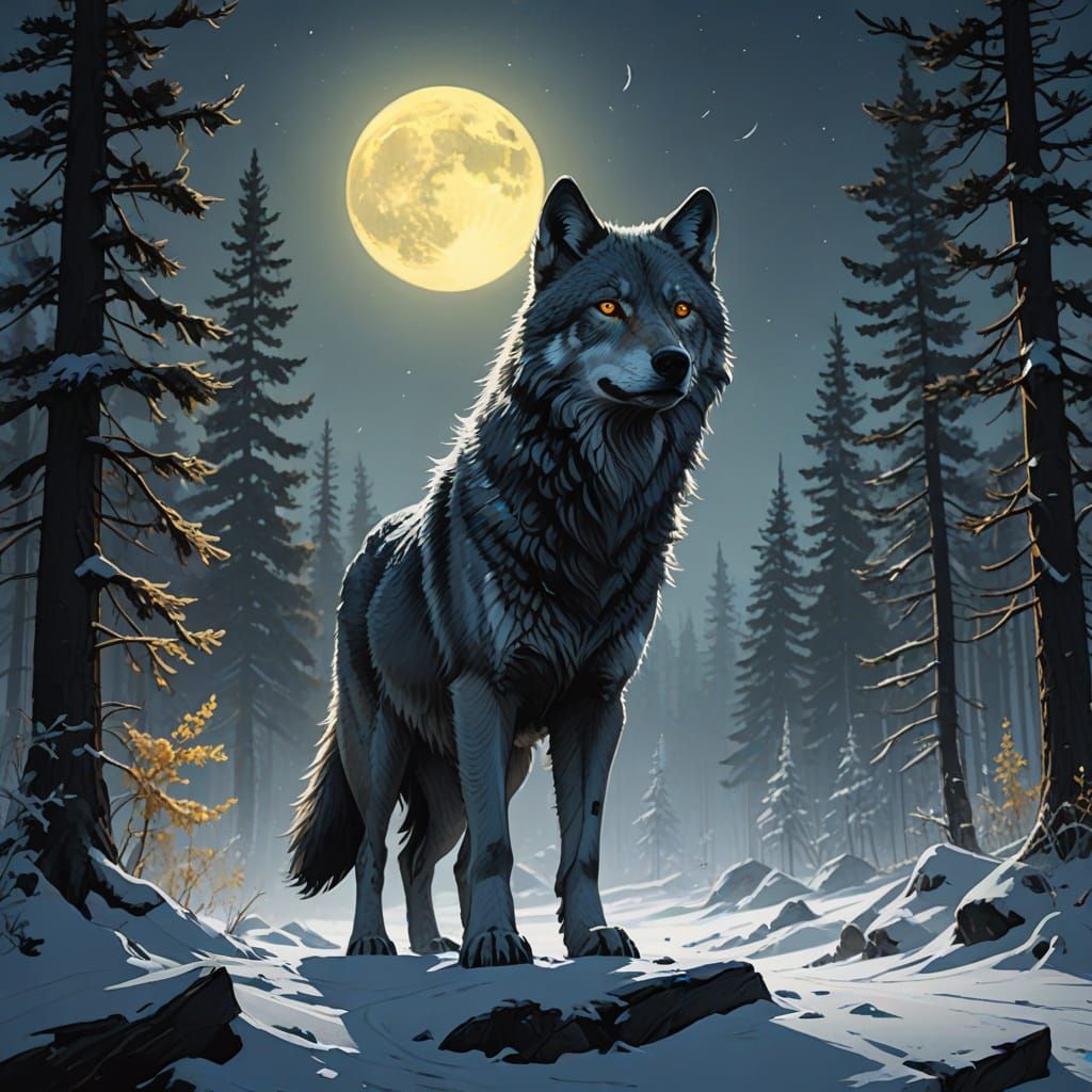 Majestic Gray Wolf Basks in Lunar Glow Under Northern Lights