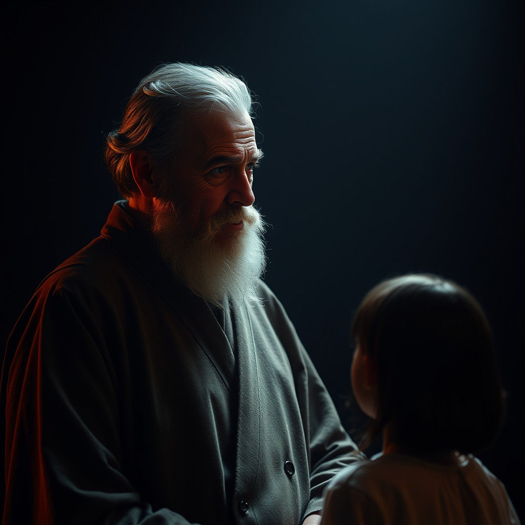 Dramatic Father Figure in Dimly Lit Environment