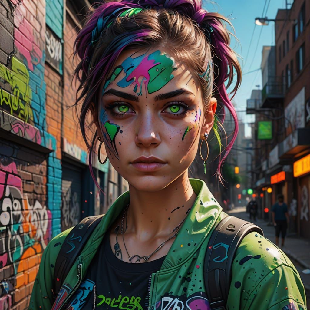 Vibrant Urban Art Rebel in Ultra-Realistic Portrait