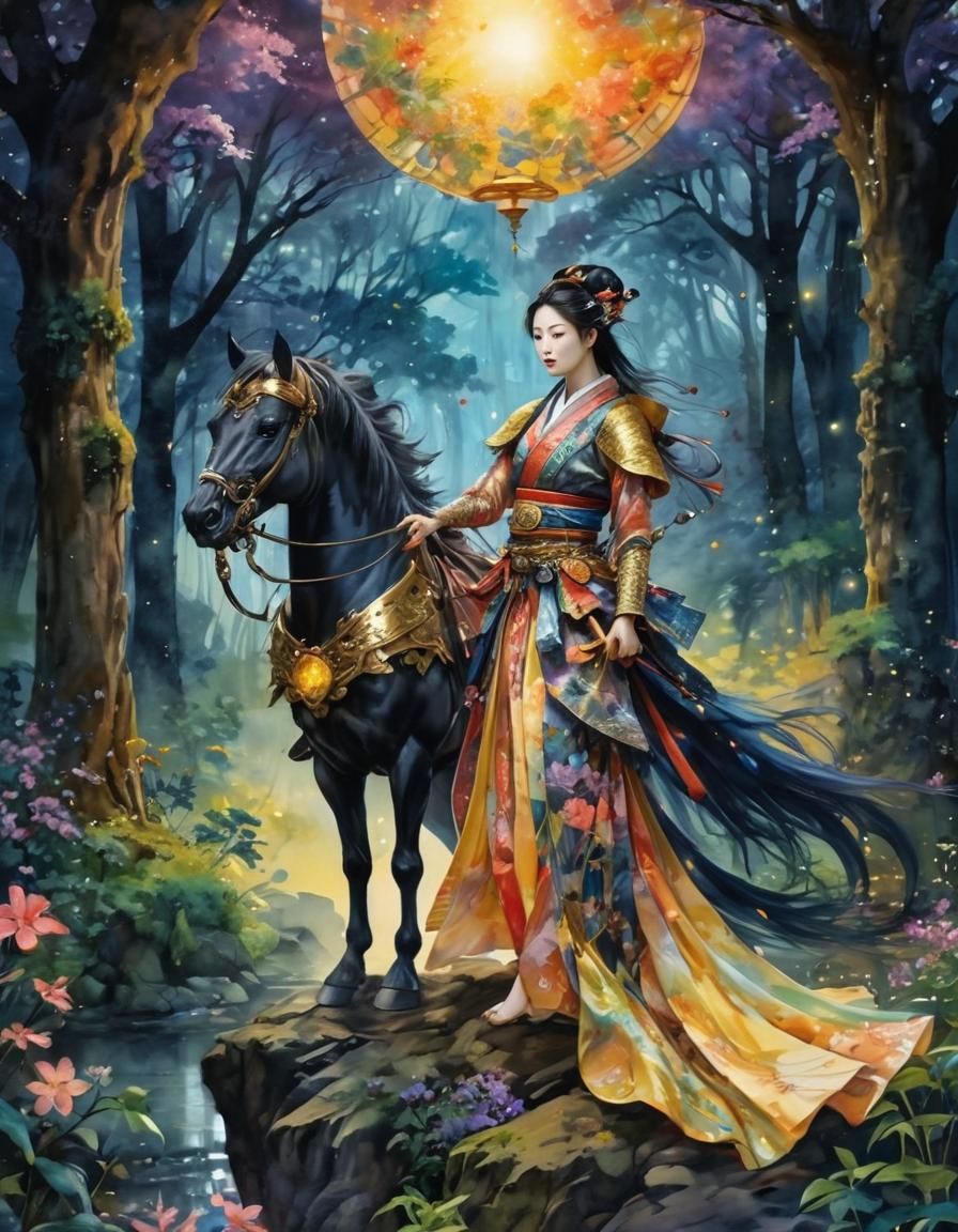 Samurai in Enchanted Forest: Watercolor Painting