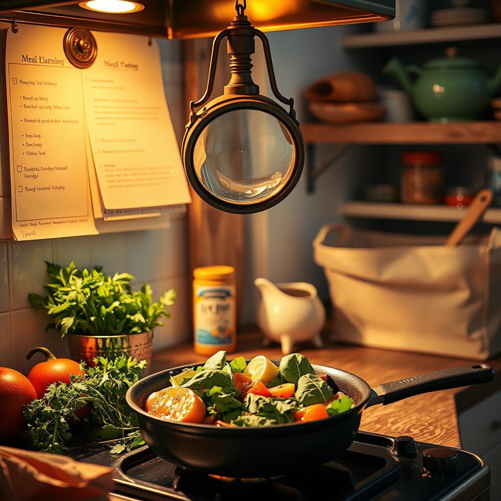 Vibrant Kitchen Still Life with Magnifying Lens and Wholesom...