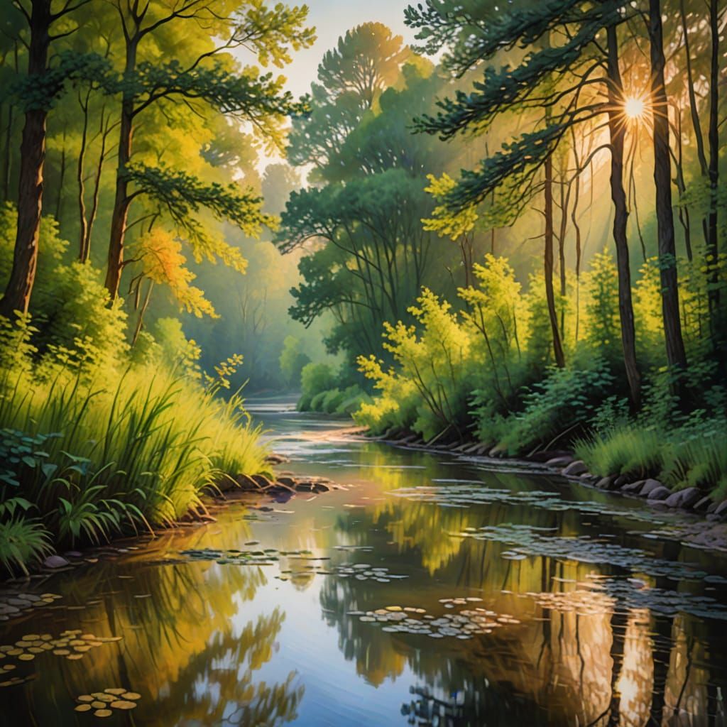 Serene Summer Morning River Landscape in Impressionist Style