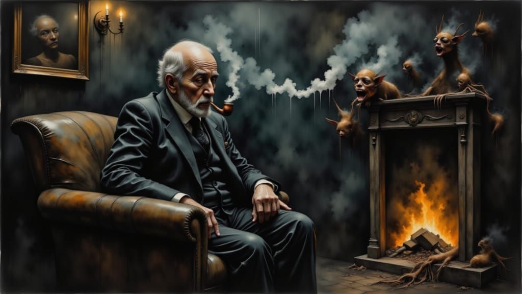 Man Smoking Pipe in Surreal Room with Creatures as Oil Paint...