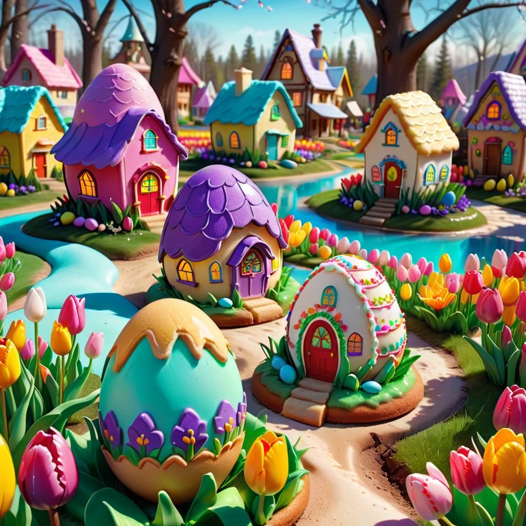Candy Easter Egg Village in Spring Wonderland