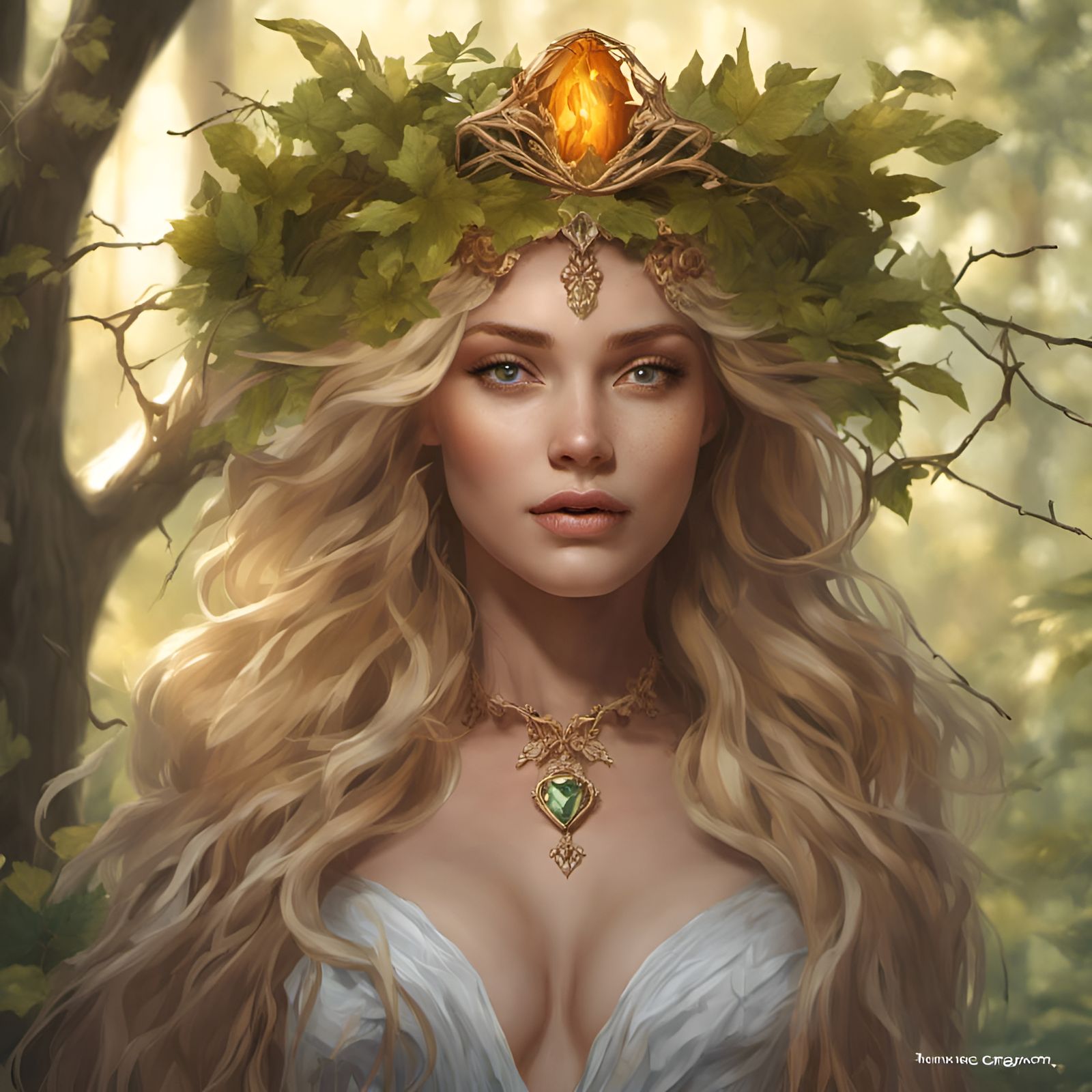 Wood Nymph in Forest with Lace and Jewels