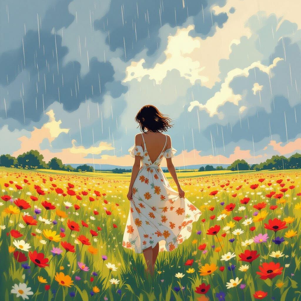 Woman in Wildflower Field During Summer Rain