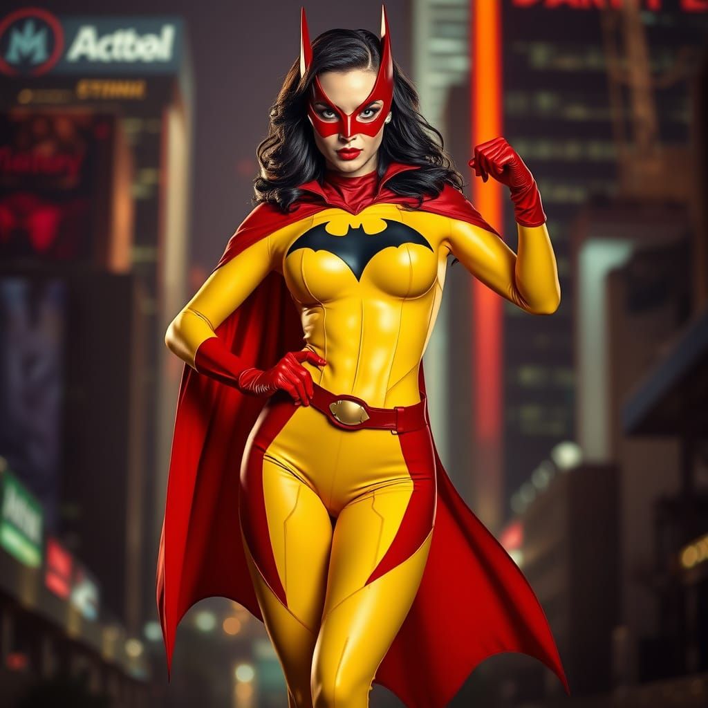 Mysterious Figure in Yellow and Red Costume, Cityscape Backg...