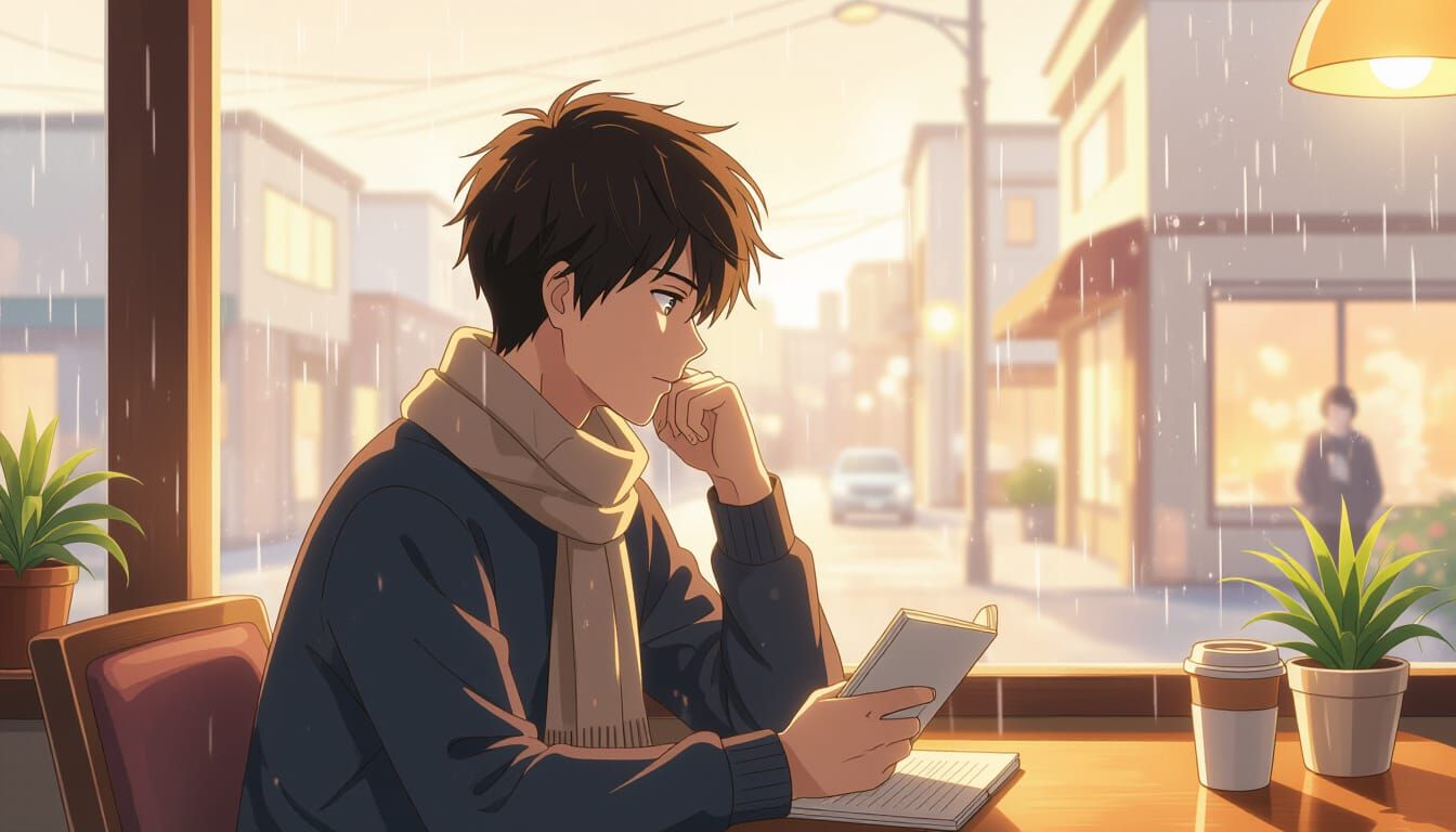Anime Male Character in Cafe, Rain Scene