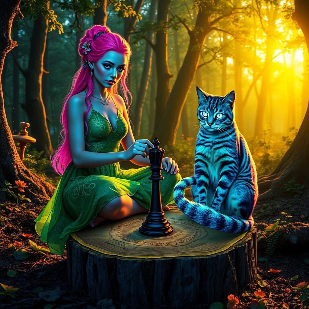 Fluorescent Lady and Cat Play Chess in Forest