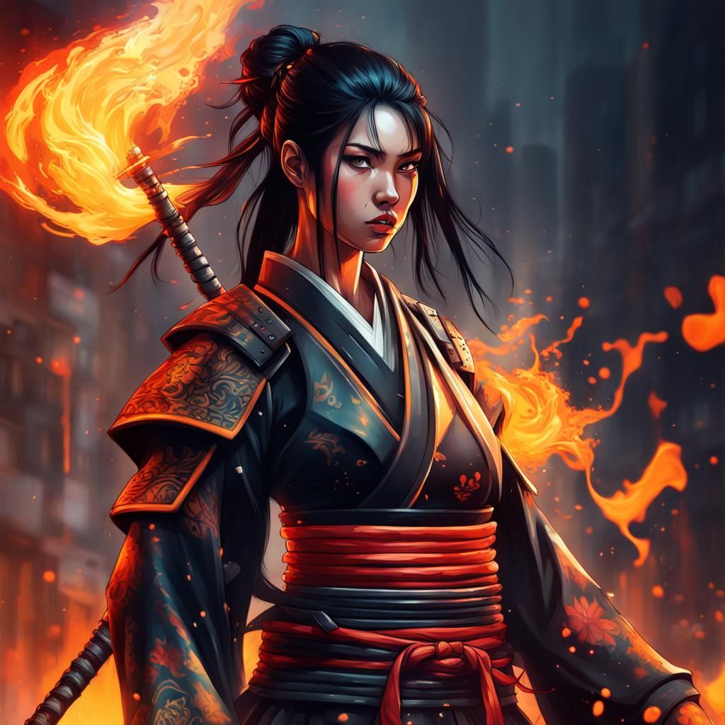 Futuristic Samurai Woman with Fire Sprites in Graffiti Art